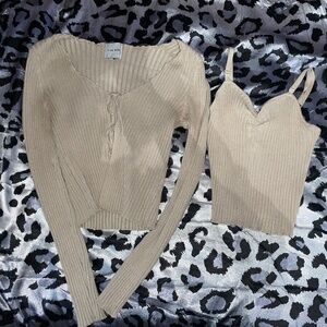 beige knit sweater and tank top set